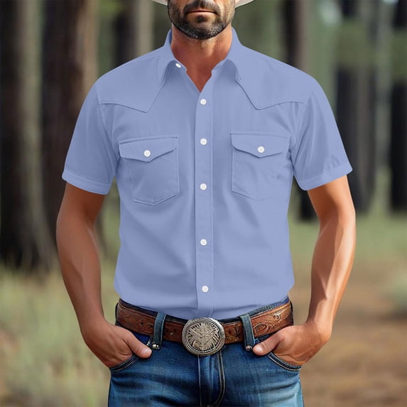Tdoqot Mens Western Shirts with Pocekts- Casual Button Down Short Sleeve Regular Fit Cowboy Shirts Light Blue Size M