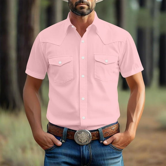Tdoqot Mens Western Shirts with Pocekts- Casual Button Down Short Sleeve Regular Fit Cowboy Shirts Pink Size XL