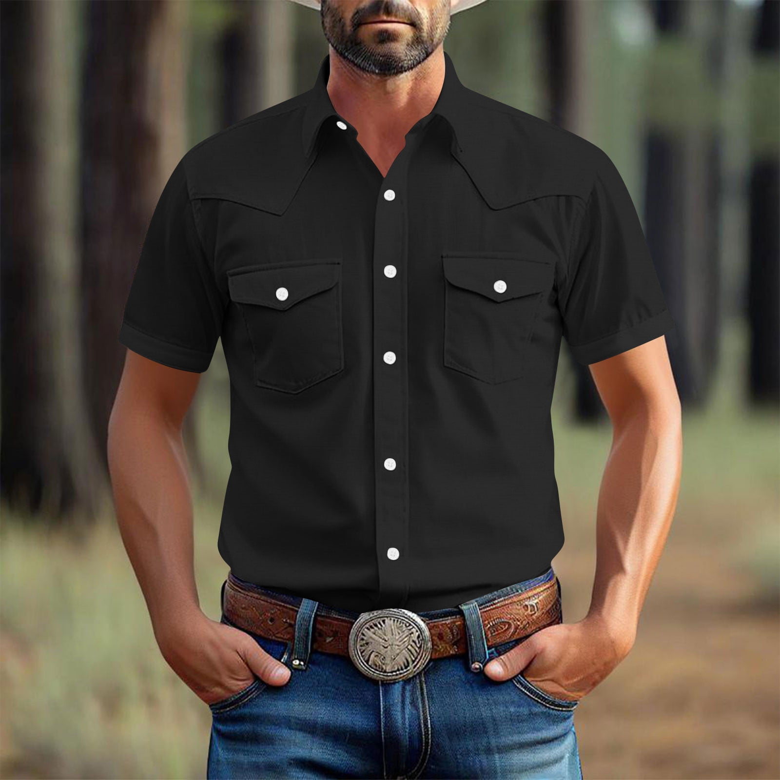 mens short sleeve black dress shirts Men's Shirt with Pocket XL / Semi Cutaway Collar Fitted Slim The model is wearing a size Medium True Classic Black Commuter Short