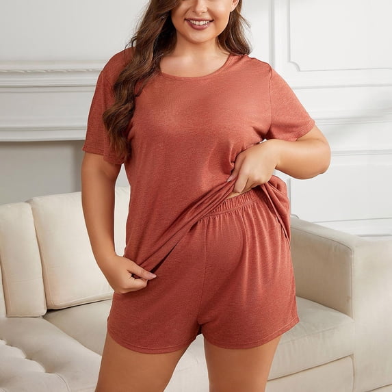 Tdoqot Pajamas for Women- Sleepwear Plus Size Short Sleeve Top and Shorts Soft Casual Pajama Sets 2 Piece Red Size XL