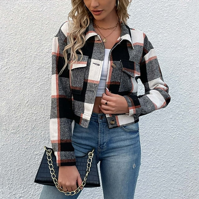 Tdoqot Shacket Jacket- Cropped Plaid Fashion Long Sleeve Button Down ...
