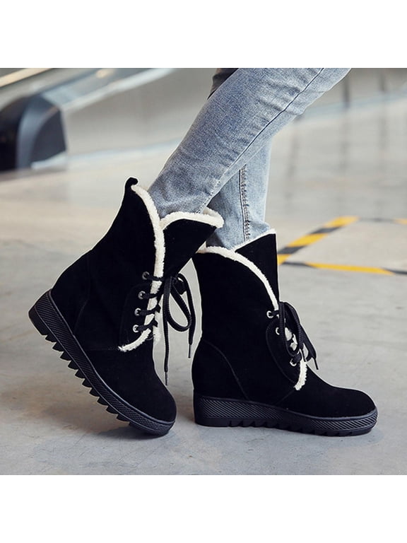 Snow Boots Women- Fleece Lined Lace up Winter Fashion Ankle Boots Black Size 6