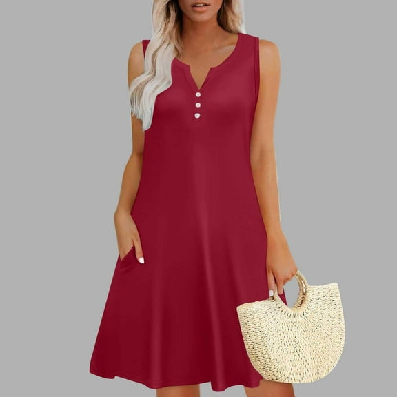 Tdoqot Summer Dresses for Women 2025- Sleeveless V-Neck Casual Loose Fit Sundress Midi Dress with Pockets Wine Size XL