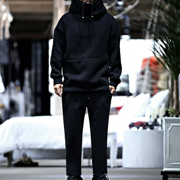 Tdoqot Sweatsuits 2pcs Sets Mens- Fashion Casual Long Sleeve Hoodie and Pants Pullover Tracksuit Black Size XL