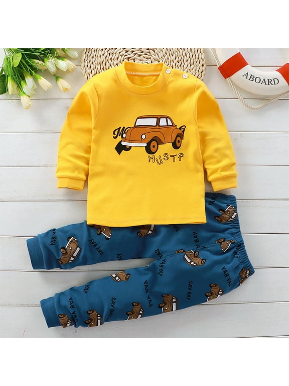 Toddler Boys Outfit Sets 2 PC- Long Sleeve Kids Fall Winter Clothes Cute Casual Cotton T Shirts and Pants Yellow Size 3 T