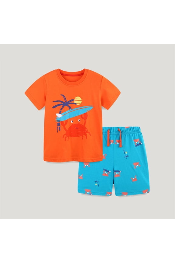 Toddler Boys Outfit Sets 2 Piece- Short Sleeve Kids Summer Clothes Print Cotton Casual T Shirt and Shorts Orange Size 6T