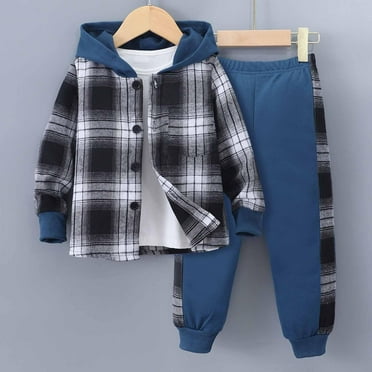 Tdoqot Toddler Boys Outfit Sets- Casual Kids Fall Winter Clothes Long Sleeve Plaid Hoodies and Sweatpants Blue Size 5 T