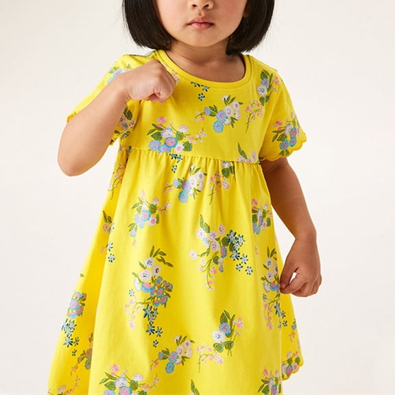 Tdoqot Toddler Flower Girls Dress- Midi Dreess Crewneck Cute Short Sleeve Summer Casual Dresses Yellow Size 3T