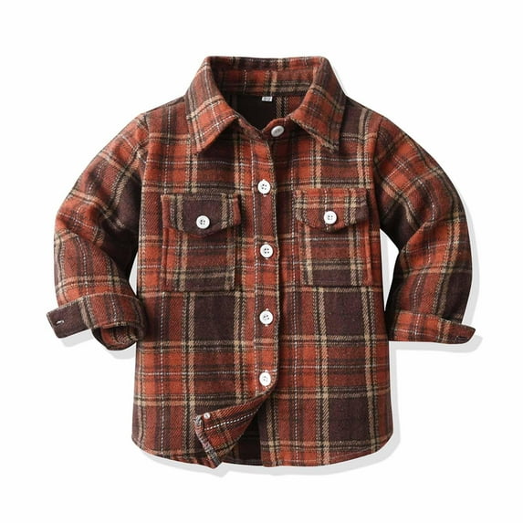 Tdoqot Toddler Girls Boys Button Down Hoodless Casual Fall Winter Clothes Plaid Jackets Long Sleeve Coats Brown Size 6-12 Months