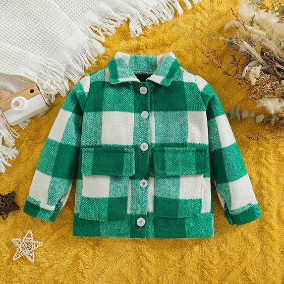 Tdoqot Toddler Girls Boys Casual Jackets Plaid Hoodless Long Sleeve Fall Winter Clothes Button Down Coats Green Size 3-4T