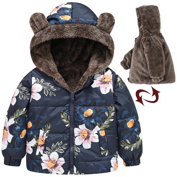 Tdoqot Toddler Girls Boys Cute with Hood Warm Windproof Printed Jackets Fall Winter Clothes Long Sleeve Zip up Chunky Coats Navy Size 2-3T