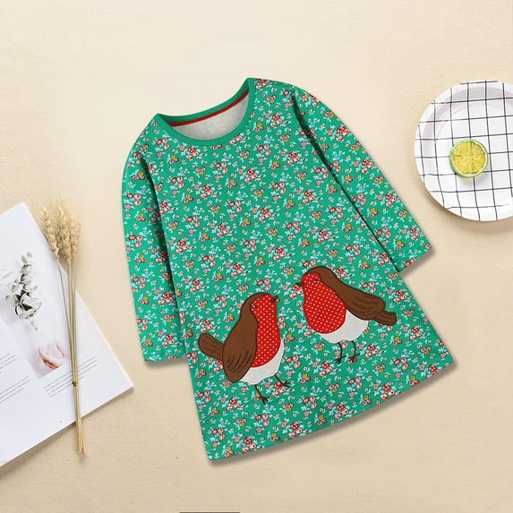 Tdoqot Toddler Girls Dresses- Cute Tshirt Dress Casual Long Sleeve Cotton Spring Clothes Green Size 5T