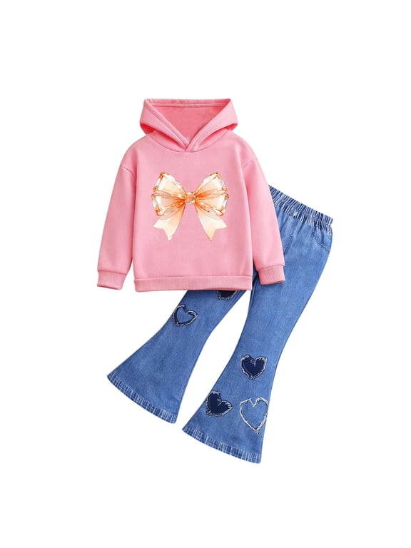 Toddler Girls Outfit Sets- Casual Cotton Long Sleeve Cute Hoodie and Flare Jeans Kids Spring Clothes Pink Size 5 T