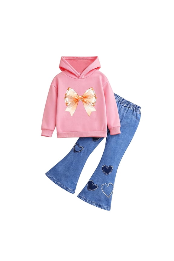Toddler Girls Outfit Sets- Casual Cotton Long Sleeve Cute Hoodie and Flare Jeans Kids Spring Clothes Pink Size 5 T