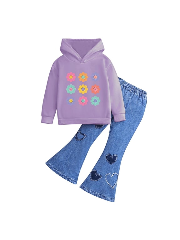 Toddler Girls Outfit Sets- Casual Long Sleeve Cute Cotton Hoodie and Flare Jeans Kids Spring Clothes Purple Size 3 T