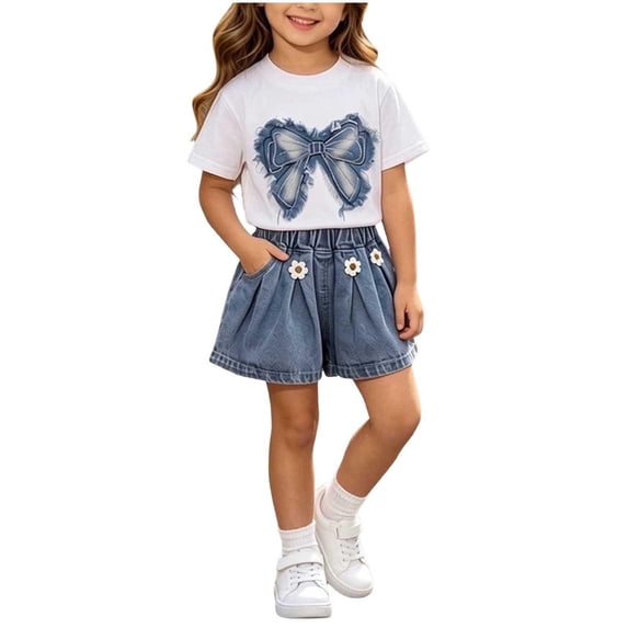 Tdoqot Toddler Girls Outfits Set- Cute Fashion Short Sleeve Soft Cotton Graphic Tees and Denim Shorts Kids Summer Clothes White Size 3 T