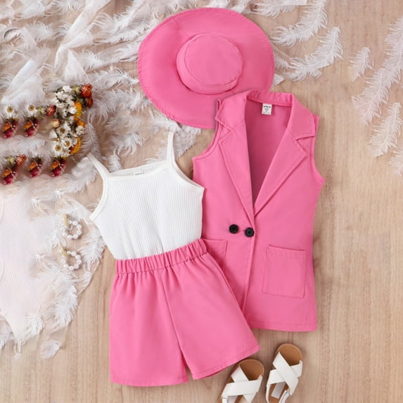 Tdoqot Toddler Girls Sleeveless Suit and Shorts- Cotton Fashion Summer Clothes Girls Outfits Set with Hat Pink Size 4T