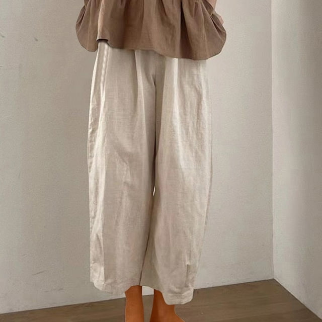 Tdoqot Wide Leg Linen Pants for Women- Casual High Waisted Elasticated Waist Harem Pants Comfy Womens Pants Beige Size L