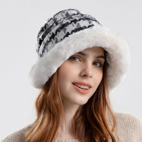 Tdoqot Winter Hats for Women- Fleece Plaid Soft Warm Bucket hats White