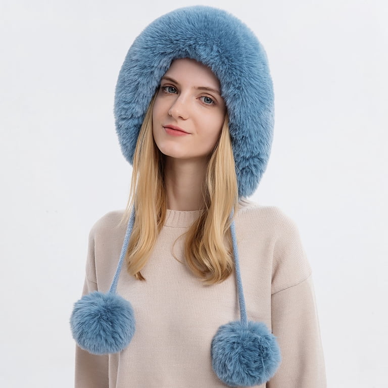 Women\'s Blue Winter Beanie Hat Satin Lined Faux Fur Pom Pom Beanies Hat Women main image 2
