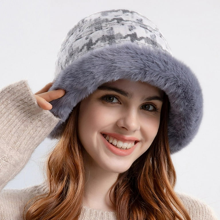 Tdoqot Winter Hats for Women Soft Warm Fleece Plaid Bucket hats Gray