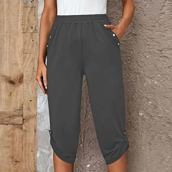 Tdoqot Women's Capri- Clearance Solid Color Summer with Pockets Casual Sweatpants Dark Gray Size 8