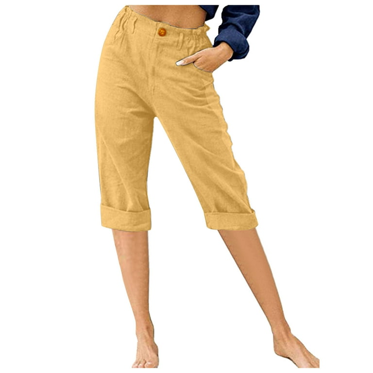 Tdoqot Women's Capri- Solid Color Relaxed Fit Clearance Casual Wide Leg  Pants Yellow Size 10