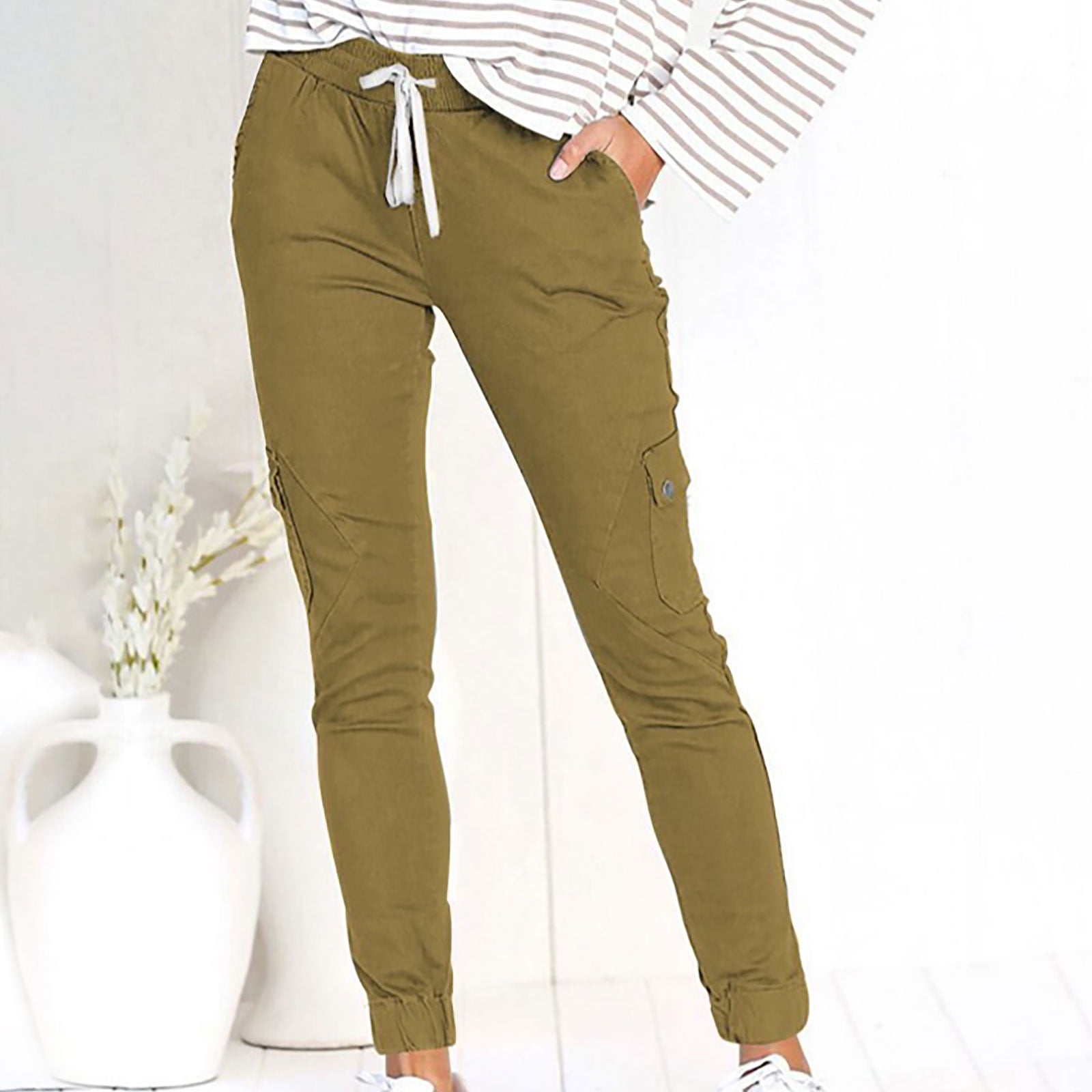 Tdoqot Women's Cargo Pants- Fashion Casual with Pockets Elastic Waist  Joggers Khaki Size M 