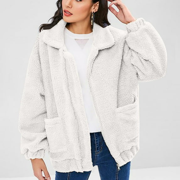 Tdoqot Women's Fleece Jacket- Casual Loose Winter Coats for Women White Size XL