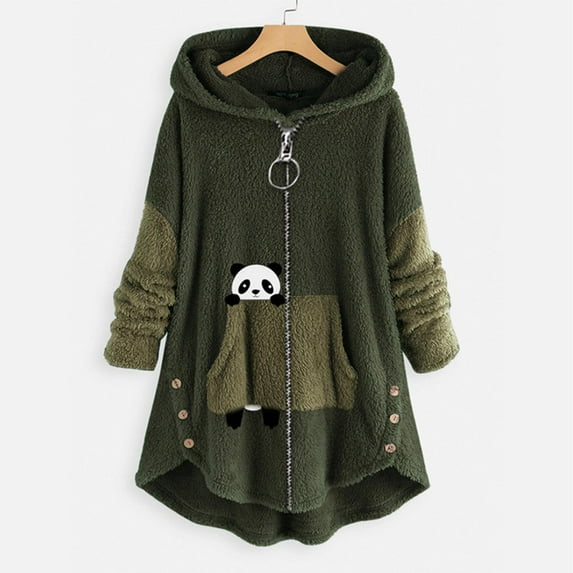 Tdoqot Women's Fleece Jacket- with Hood Plus Size Casual Panda Print Winter Coats for Women Green Size XL