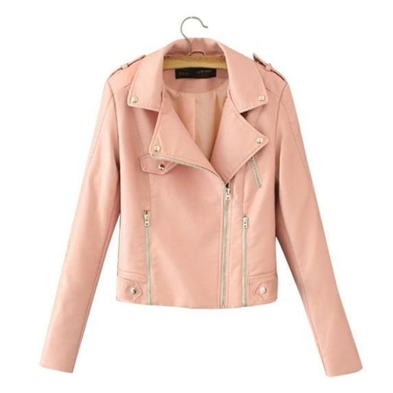 Tdoqot Women's Leather Jacket- Zipper Casual Short Fall Jackets for Women Pink Size XL