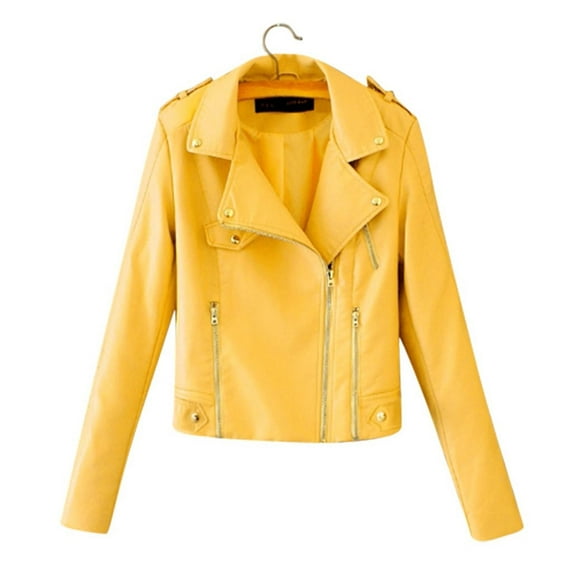 Tdoqot Women's Leather Jacket- Zipper Casual Short Fall Jackets for Women Yellow Size L