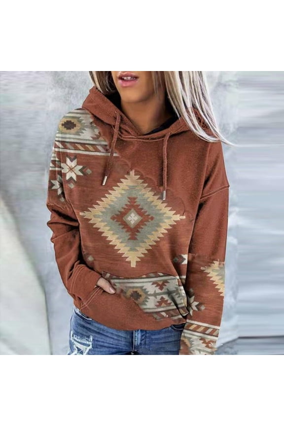 Women's Soft Hoodie With Front Pockets- Casual Printed Long Sleeve Hooded Cowl Neck Pullover Loose Sweatshirt Coffee XXL