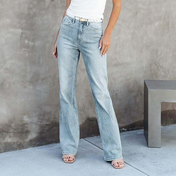 Tdoqot Women's Stretch Relaxed Fit Straight Leg Jean- Mid Rise Casual Summer Denim Pants Blue Size 10