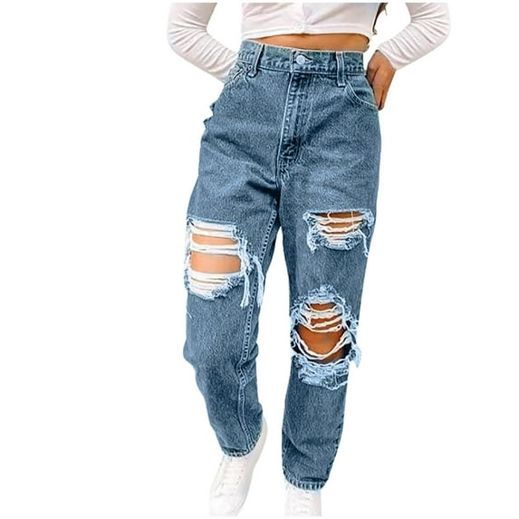Tdoqot Women's Stretch Relaxed Fit Straight Leg Jean- Ripped With Pockets Summer Casual Denim Pants Light Blue Size 10