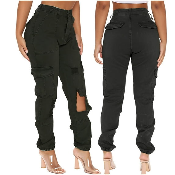 Tdoqot Women's Stretch Relaxed Fit Straight Leg Jean- Summer Casual Ripped With Pockets Denim Pants Black Size 6