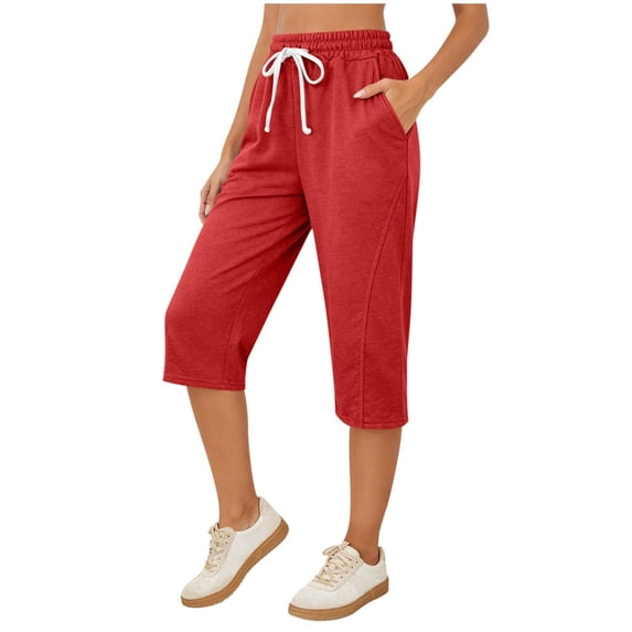 Tdoqot Womens Active Capris with Pockets- Elastic Waist Drawstring Quick Dry Casual Loose Summer Running Shorts Red Size S
