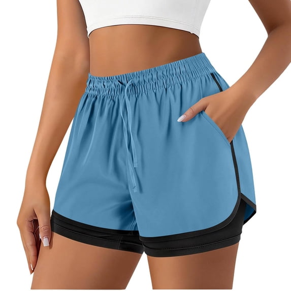 Tdoqot Womens Athletic Shorts with Pockets- Elastic Waist Drawstring Stretch Waterproof Quick Dry Workout Running Shorts Blue Size S