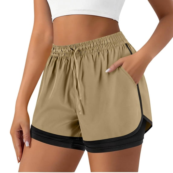 Tdoqot Womens Athletic Shorts with Pockets- Quick Dry Stretch Waterproof Elastic Waist Drawstring Workout Running Shorts Beige Size L