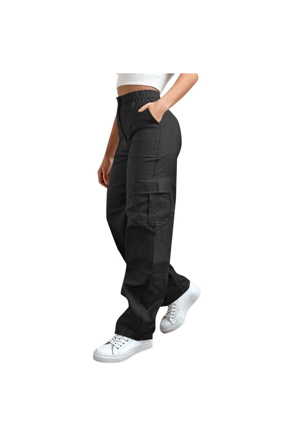 Womens Baggy Cargo Pants- Casual Fashion Elastic Waist Button Up Stretch Straight Leg Hiking Pants Black Size L