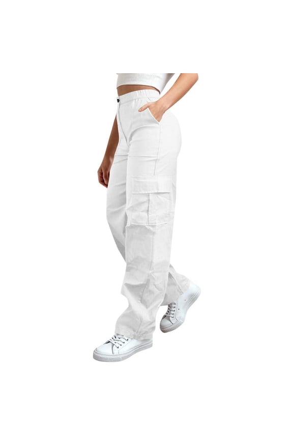 Womens Baggy Cargo Pants- Casual Stretch Fashion Elastic Waist Button Up Straight Leg Hiking Pants White Size M