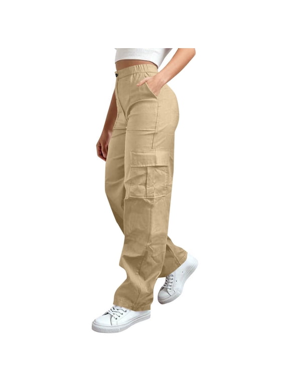 Womens Baggy Cargo Pants- Stretch Casual Button Up Elastic Waist Fashion Straight Leg Hiking Pants Khaki Size L