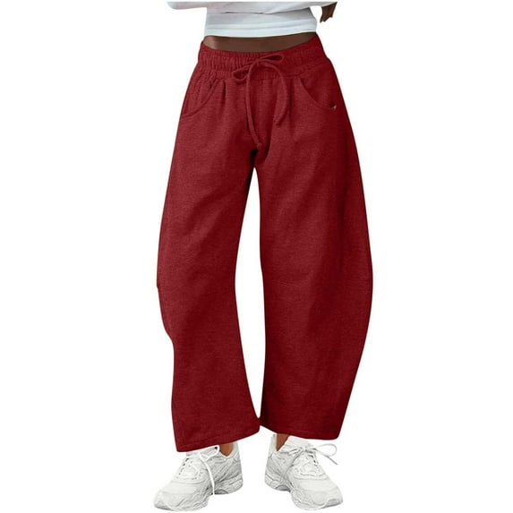 Tdoqot Womens Barrel Leg Sweatpants- Baggy Elastic Waist Drawstring Casual Wide Leg Pants with Pockets Red Size L
