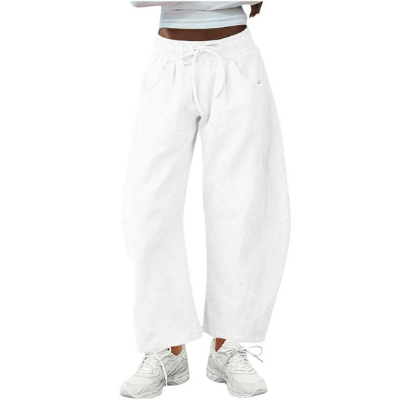 Tdoqot Womens Barrel Leg Sweatpants- Elastic Waist Baggy Casual Drawstring Wide Leg Pants with Pockets White Size L