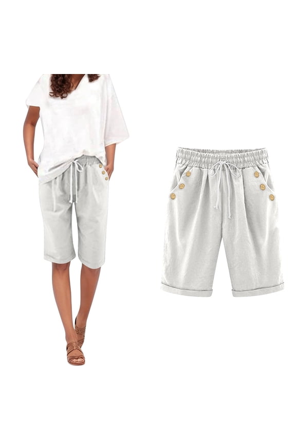 Womens Bermuda Shorts with Pockets- Baggy Elastic Waist Casual Knee Length Drawstring Shorts White Size 2XL
