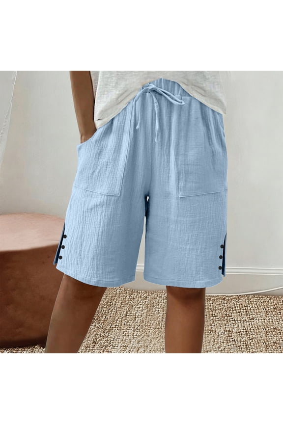 Womens Bermuda Shorts with Pockets- Drawstring Elastic Waist Casual Baggy Cotton Shorts Light Blue Size S