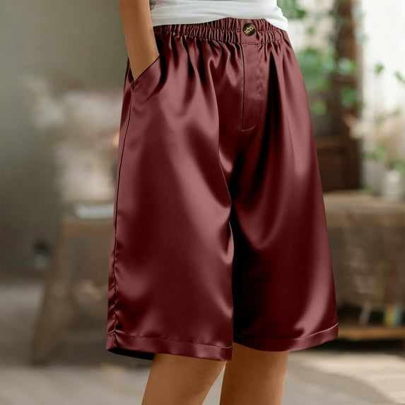 Tdoqot Womens Bermuda Shorts with Pockets- Elastic Waist Baggy Casual Summer Silk Satin Shorts Wine Size M
