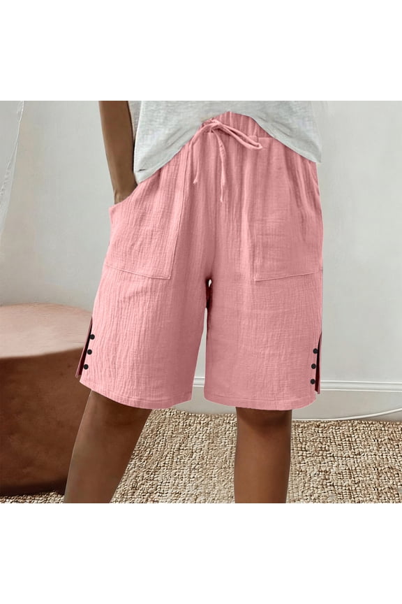 Womens Bermuda Shorts with Pockets- Elastic Waist Drawstring Baggy Casual Cotton Shorts Pink Size M