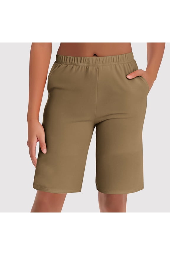 Womens Bermuda Shorts with Pockets- Elastic Waist Soft Knee length Casual Summer Lounge Shorts Brown Size S-3XL
