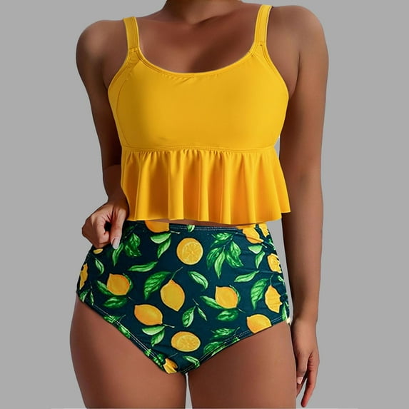 Tdoqot Womens Bikini Sets- Adjustable Straps 2 Piece Swimsuit Scoop Neck High Waisted Floral Bottoms Bathing Suits Yellow Size L